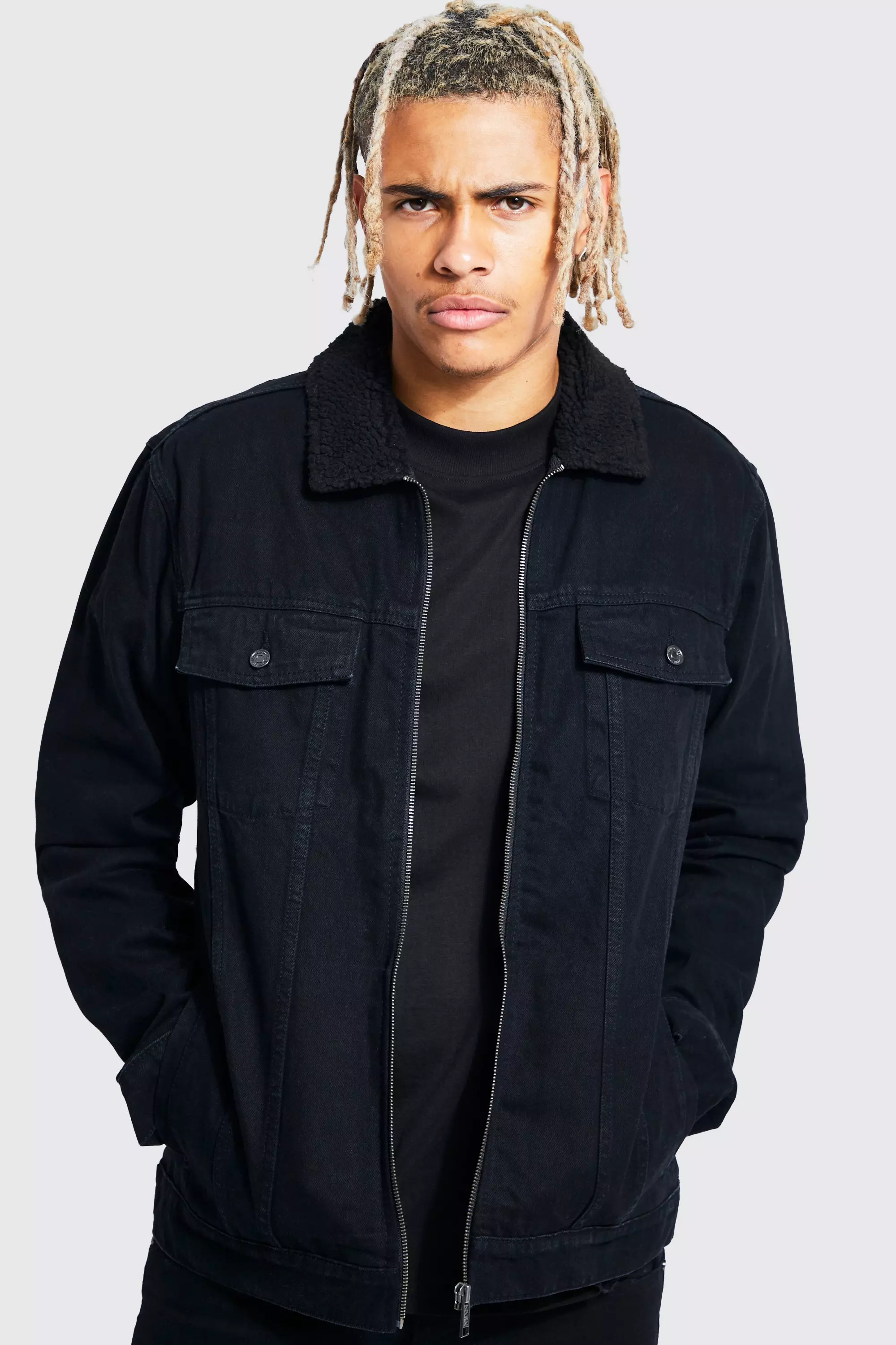 Tall Zip Through Borg Collar Denim Jacket boohooMAN UK